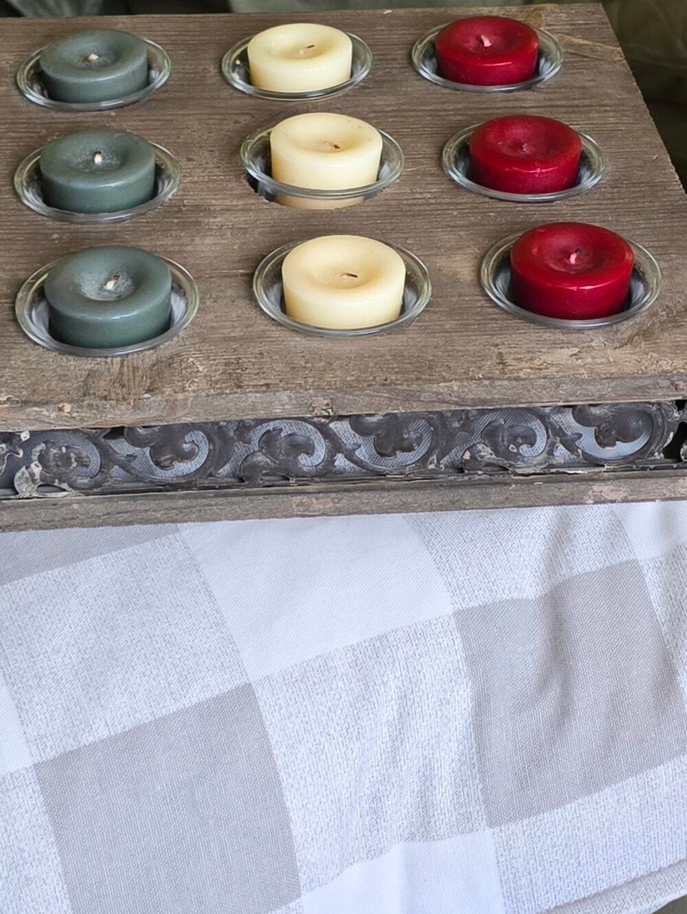 Rustic Farmhouse 9-Votive Candle Holder w/ Ornate Metal Reclaimed Wood